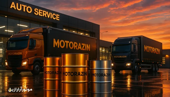صحنه تبلیغاتی تحویل بشکههای روغن موتور براق موتورازین با نور غروب طلایی و سبک صنعتی لاکچری.